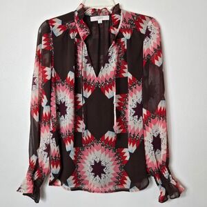 LOFT Womens Geometric Star Print Chiffon Blouse Brown Pink V-Neck Size M 579407